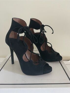Tabitha Simmons Black Suede Lace-Up Peep Toe Heels